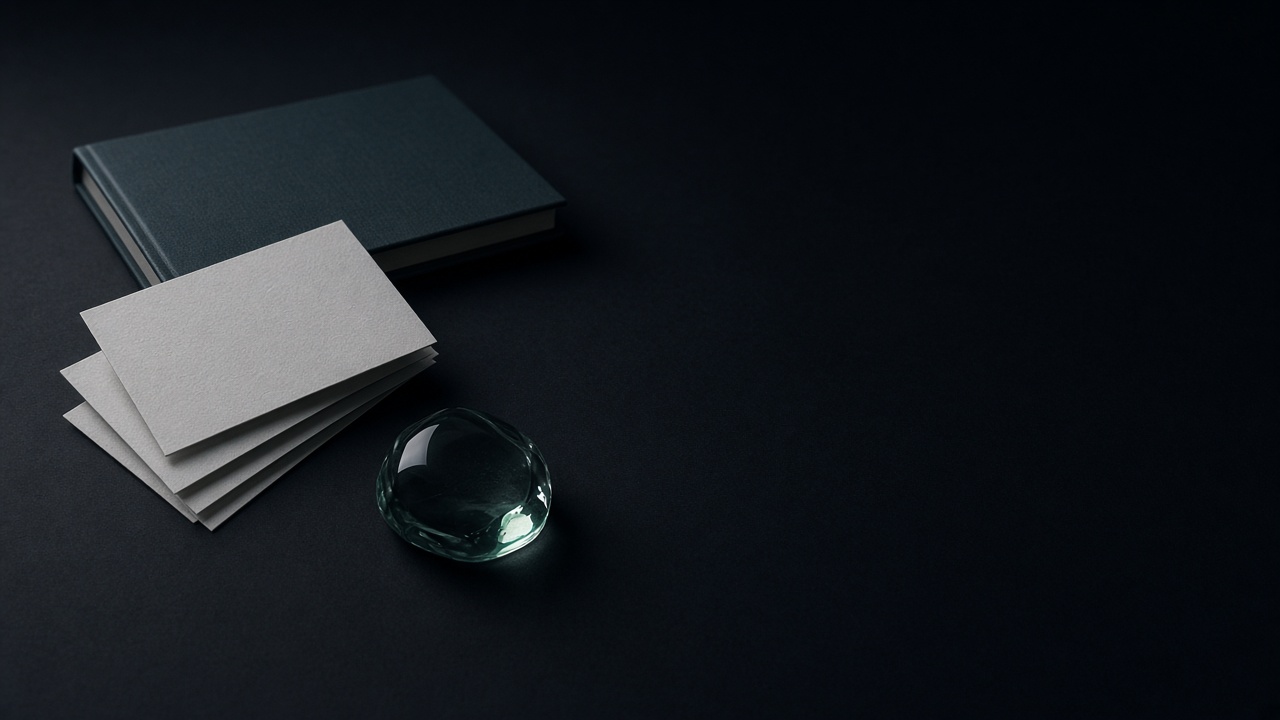 A closed book, a stack of blank cards, and a green glass stone on a dark table.